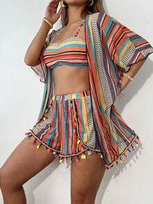 4 piezas Conjunto de bikini con parte superior fruncida con estampado geométrico de moda y Bottom con estampado geométrico, cubrecostillas con flecos multicolor y shorts, conjunto de bikini de carnaval de verano, playa de verano - Multicolor - Ver 7
