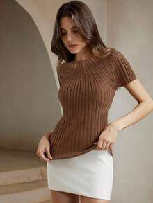Blusa de punto semitransparente con decoración de strass y mangas cortas elegante para mujer - Camel - Ver 5
