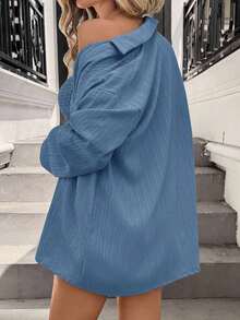 Conjunto de dos piezas de mujer en tela tejida color caqui: Top corto casual con cuello y pantalones cortos con mangas a la muñeca y detalles de bolsillo, para vacaciones - Azul - Ver 9