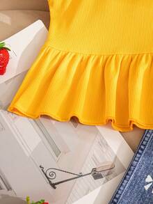 2 Potong Setelan Kasual Anak Perempuan, Atasan Tanpa Lengan Warna Polos dengan Desain Pita 3D dan Celana Panjang Lurus dengan Ikat Pita dan Pinggang Elastis - Kuning - View 6