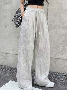 Pantalones largos casuales de mujer de unicolor con cordón en la cintura - Gris Claro - Ver 12