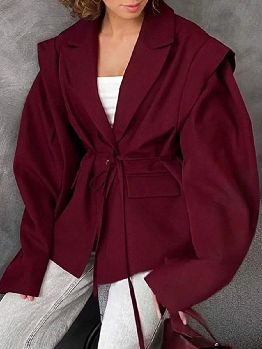 Blazer primavera 2026, color liso ajustado con cordón, estilo versátil elegante - Burdeos - Ver 1
