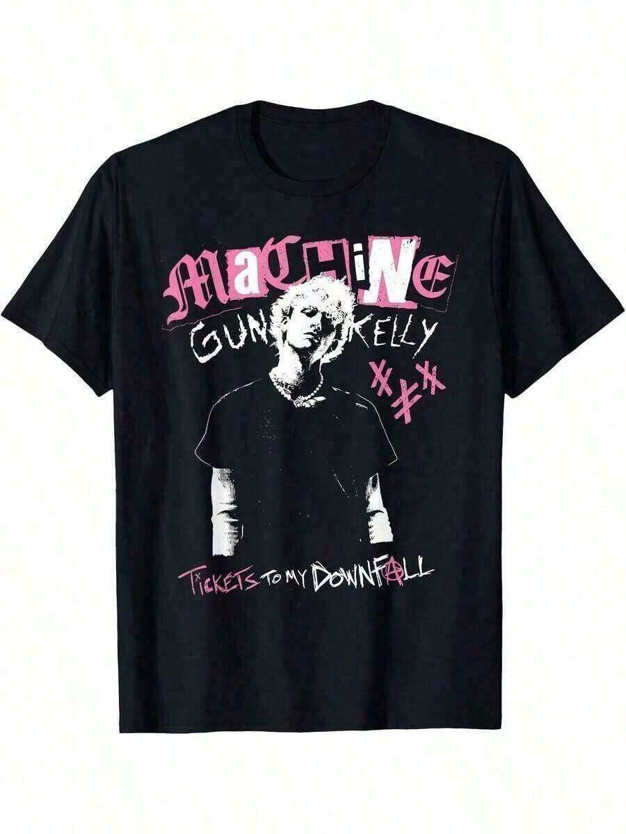 1 pieza Camisetas Gráficas para Mujer con Estampado "Tickets To My Downfall", Estilo Y2K, Cuello Redondo, para Mujer, Vacaciones, Primavera, Festivales, Ropa de Primavera, 180g 100% Algodón - Negro - Ver 1