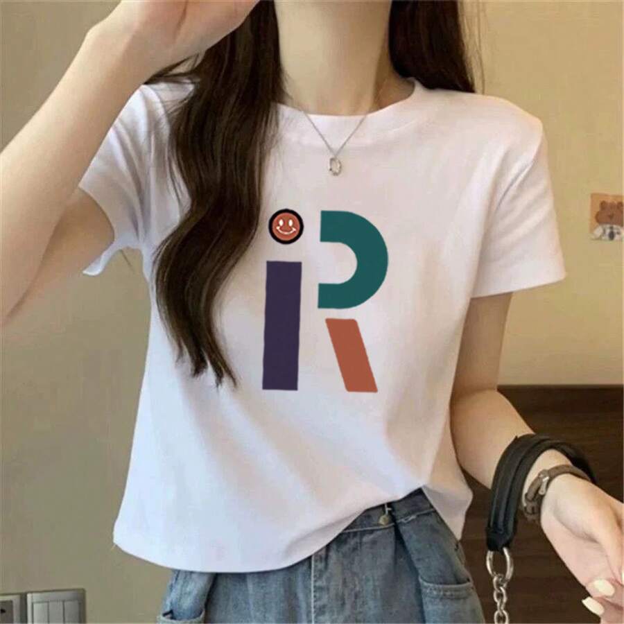 Women's Pure Cotton Short-Sleeved T-Shirt, New Summer Style, White Cropped Top With A Round Neck And Fitted Cut, Versatile For Petite Figures, Made Entirely Of Cotton. OLST - 短款高腰-大字母R - 查看 1