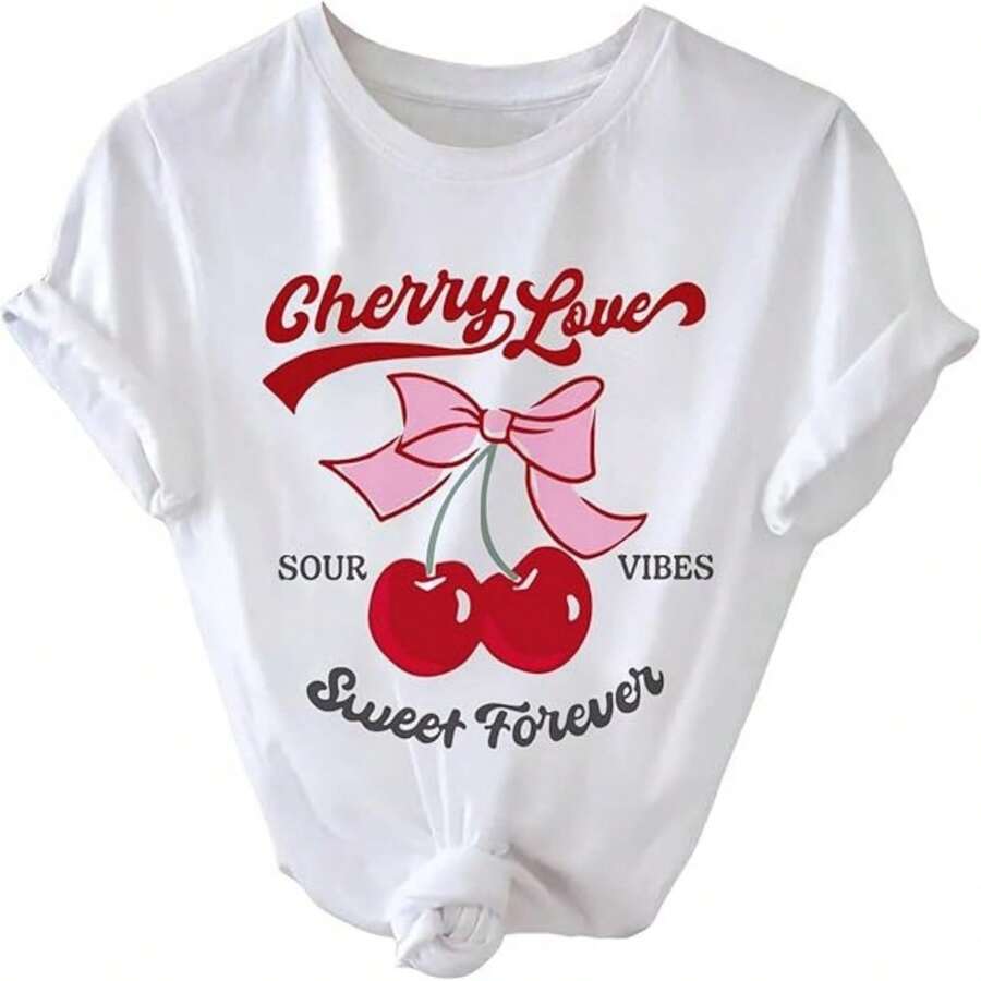 Camiseta informal de algodón para mujer con estampado gráfico de cerezas y cuello redondo, manga corta, ideal para el verano. - Blanco - Ver 1
