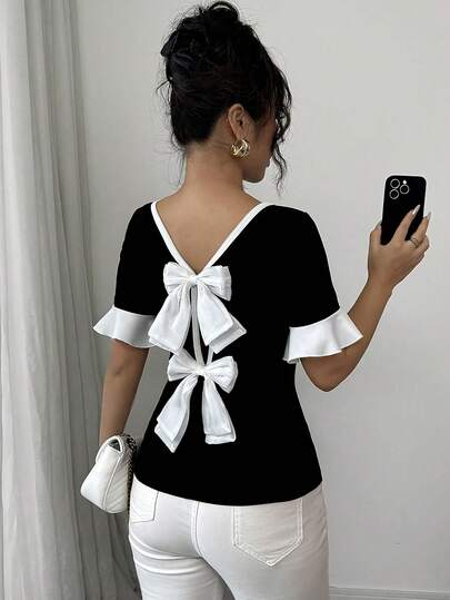 Women's Crew Neck Tee With Back Bow Detail