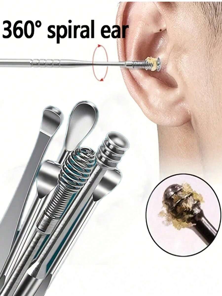 Kit portable de retrait de cérumen , cure-oreille, nettoyeur de cérumen à ressort spiral, kit de nettoyage d'oreille de taille voyage, en acier inoxydable de marque, design spiral, convient aux adultes, sans piles ni alimentation requise, nettoyeur de cérumen électrique pour le nettoyage des oreilles, outil pour adulte, accessoire de voyage essentiel.