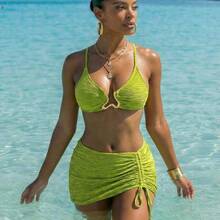 Swim  3pcs/Set Summer Vacation Sexy Textured Fabric Gold Accessory Camisole, Bikini & Drawstring Bodycon Mini Skirt Set For Women - Naranja - Ver 2