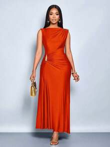 Vestido elegante de mujer con decoración de metal de unicolor, ajuste delgado, adecuado para el uso diario, compras, fiestas y reuniones - Naranja - Ver 1