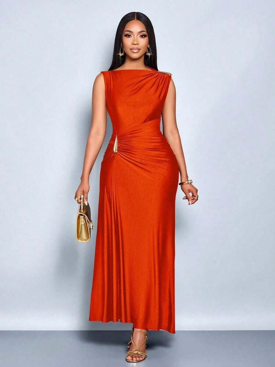 Vestido elegante de mujer con decoración de metal de unicolor, ajuste delgado, adecuado para el uso diario, compras, fiestas y reuniones - Naranja - Ver 1