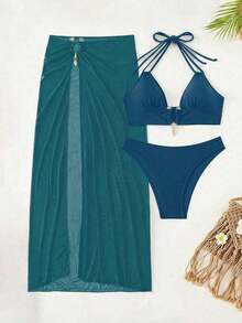 Swim  Set de 3 piezas de ropa de baño de vacaciones para mujer - Top de bikini, braga de bikini y falda pareo de verano - Agua verde azul - Ver 4