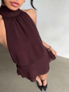 Vestido de mujer sexy y elegante con cuello halter, cintura fruncida de gasa - Burdeos - Ver 3