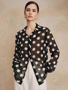 Blusa de manga larga de chifón con elegante estampado de lunares retro francés de alta calidad, camisa versátil con estampado de lunares para atuendos de oficina y vacaciones - Blanco y Negro - Ver 6