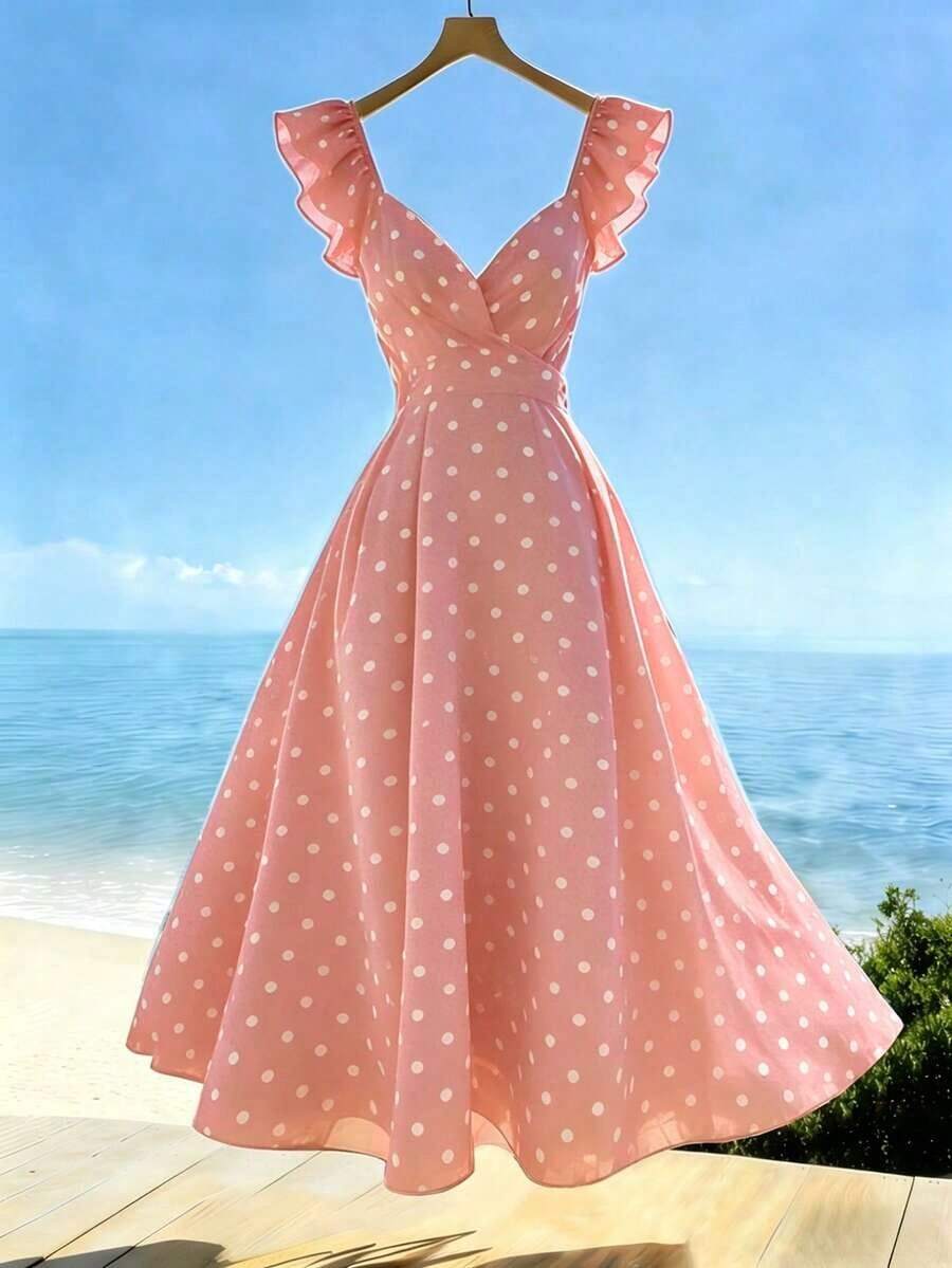 Vestido de lunares con cuello en V, mangas con volantes, cintura plisada y espalda descubierta con lazo para mujer, vestido casual de vacaciones para primavera/verano 2026 - Rosa - Ver 1