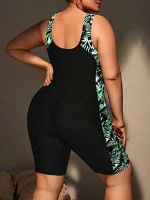 Swim Lushoire Traje de baño de una pieza con estampado floral, estilo vacacional para tallas grandes - Negro 2 - Ver 2