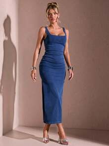 Vestido de mezclilla sin mangas de unicolor y estilo casual para uso diario de mujeres - Azul lavado medio - Ver 5