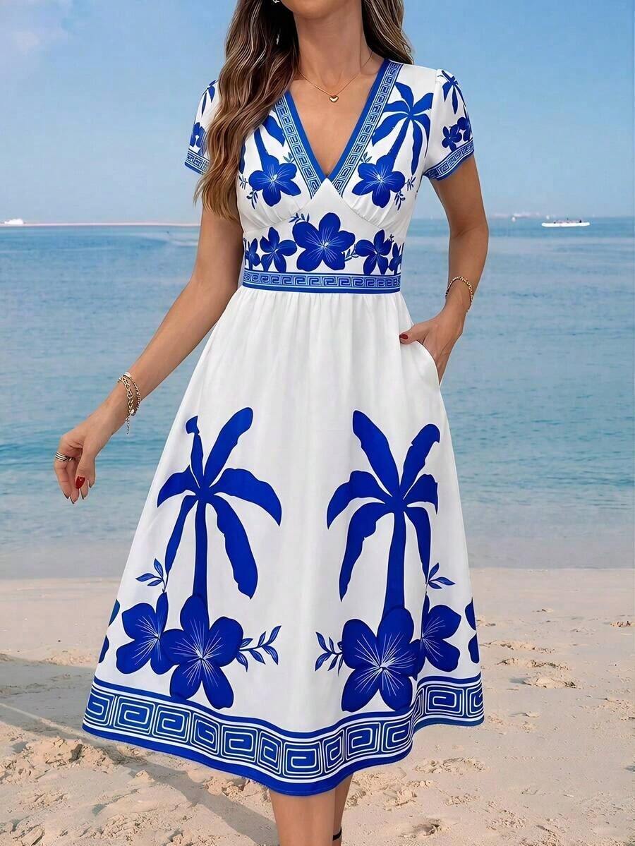 Clasi Women's Elegant Summer Dress With V-Neck, Floral Print, Double Waist Pockets, Flared Silhouette, Suitable For Various Occasions: Beach, Travel, Daily Wear, Home, Etc. - Dark Gold - 查看 1
