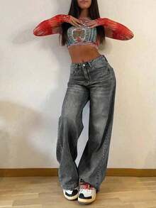 Jeans rectos holgados y apilados de estilo vintage para mujer, casuales para primavera - Gris - Ver 5