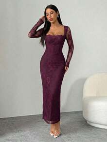 PETITE Vestido maxi negro ajustado de cuello cuadrado con copa de pecho, mangas largas de encaje con forma de S y escote sexy para fiesta de verano, cita y noche - Morado - Ver 5