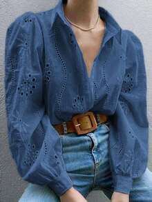 Blusa blanca de mujer, blusa blanca de manga larga con empuñadura de unicolor bordada, adecuada para uso diario, viajes, Día de la Madre, cumpleaños y fiestas en la playa - Niebla azul - Ver 12