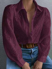 Blusa blanca de mujer, blusa blanca de manga larga con empuñadura de unicolor bordada, adecuada para uso diario, viajes, Día de la Madre, cumpleaños y fiestas en la playa - Rojo violeta - Ver 7