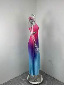 Vestido largo degradado primavera cuello halter calado elegante y sensual para mujer - Azul - Ver 6