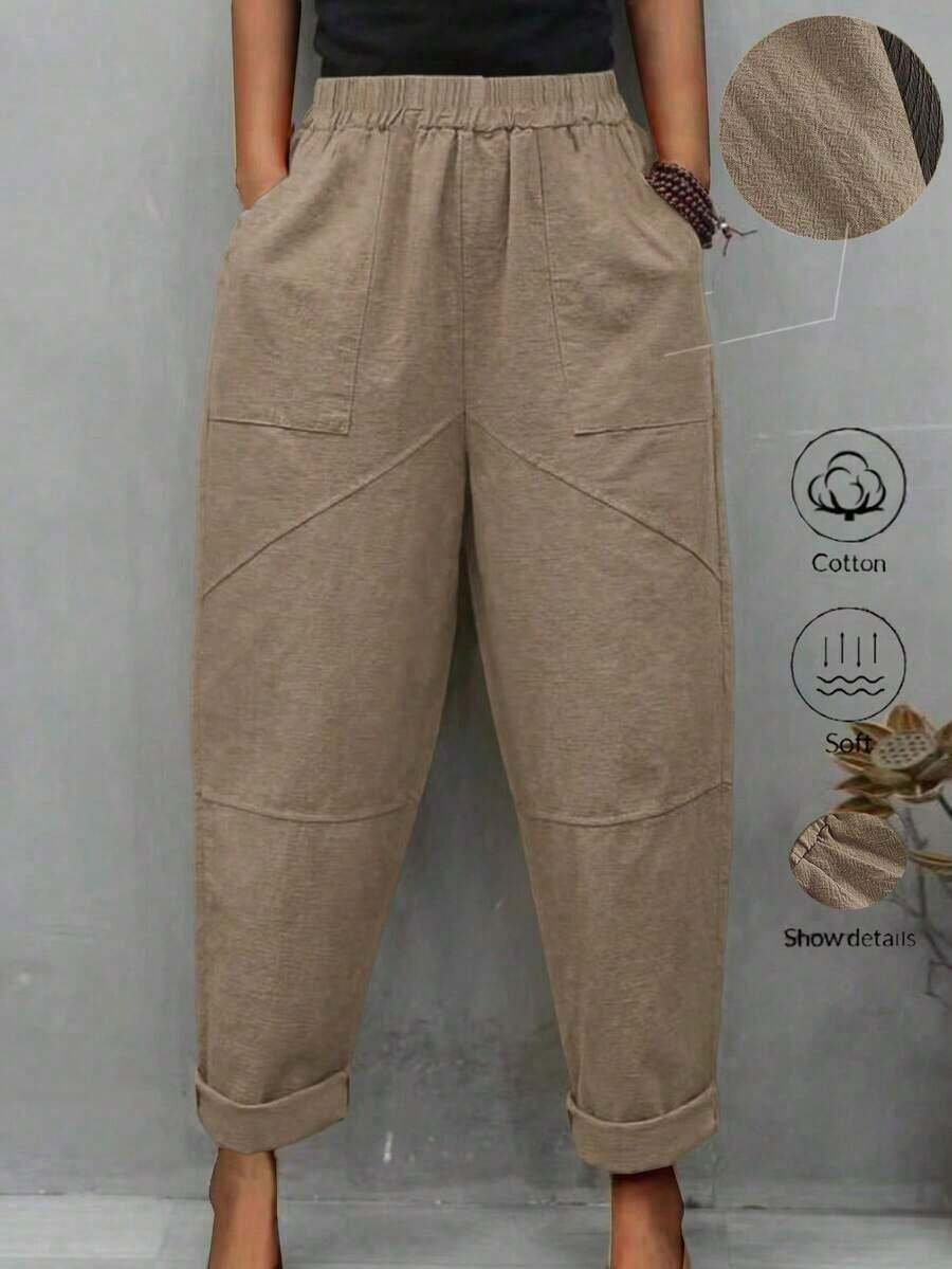 LUMIGAL Pantalones casuales sueltos de cintura elástica para mujer con forma cónica y bolsillos de unicolor - Caqui - Ver 1