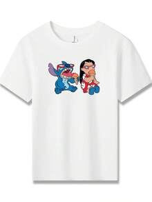 Disney Lilo And Stitch Characters Double-Sided Printed Pattern T-Shirts For Girls - Children's Clothing Design Short-Sleeved Casual And Cute Style Comfortable And Casual Wear All Year Round Suitable For Parties And Play Machine Washable Gift Children's Clothing Girls' Short-Sleeved Shirts - White - View 2