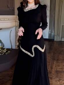 Vestido plisado con pedrería brillante estilo sensual para mujer - Negro - Ver 3