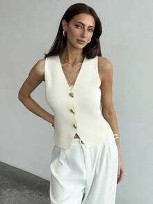 Blusa sin mangas de punto de un solo pecho con tirantes anchos, casual de verano, para otoño/invierno, verano, vacaciones, simple para ir al trabajo, con hebilla metálica única para oficina - Albaricoque - Ver 3