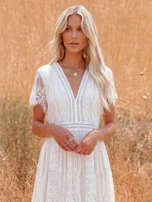 Vestido largo de gasa escote profundo elegante para otoño invierno - Blanco - Ver 5