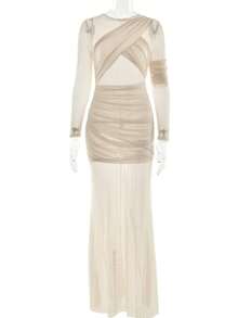 Long Dress With Sheer Mesh, Long Sleeves, Pleated, Fitted Cut, Chic And Sensual Style. - 米色 - 查看 7