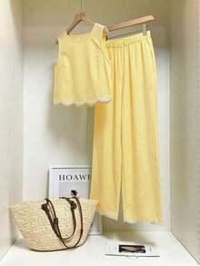 Frenchy Conjunto de 2 piezas de top de tirantes con cuello redondo y estampado de cuadros y pantalones con cintura elástica para mujer - Amarillo - Ver 4