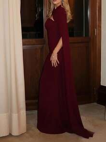 French Maxi Dress Spring 2026, Plain Fitted With Slit, Elegant Style - Red - View 4