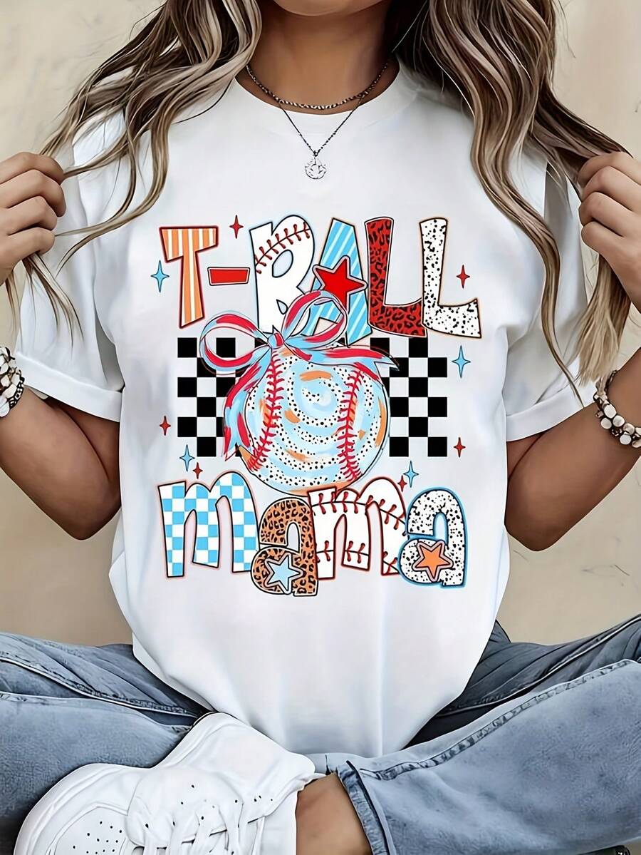 1 Women's Baseball T-Shirt - Soft And Cute, Short-Sleeved, With Baseball Player And Ball Design, Casual Round Neck Design Specially Made For Moms In The Youth League, The Perfect Gift For Baseball-Loving Moms, Breathable And Comfortable For Daily Wear, 180g 100% Cotton. - 白色 - 查看 1