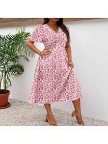 Fresh And Sweet Floral V-Neck Dress, New Summer 2026 Collection In Plus Sizes - Multicolor - View 4