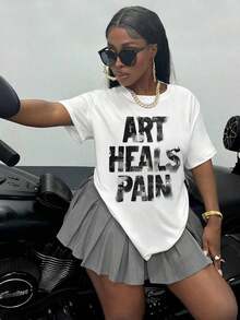 Fashion Printed T‑Shirts for Women, Oversized Streetwear Tops, Comfortable and Stylish All‑Match Summer TeesINAWLY Camiseta holgada de moda de mujer con cuello de tripulación, manga corta y estampado de letras, camiseta gráfica de verano para mujeres - Blanco - Ver 5