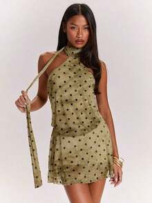 Vestido mini halter casual y sexy con estampado floral tie-dye marrón, estilo corto plisado adecuado para vacaciones y fiestas de primavera/verano - Verde Oliva - Ver 6