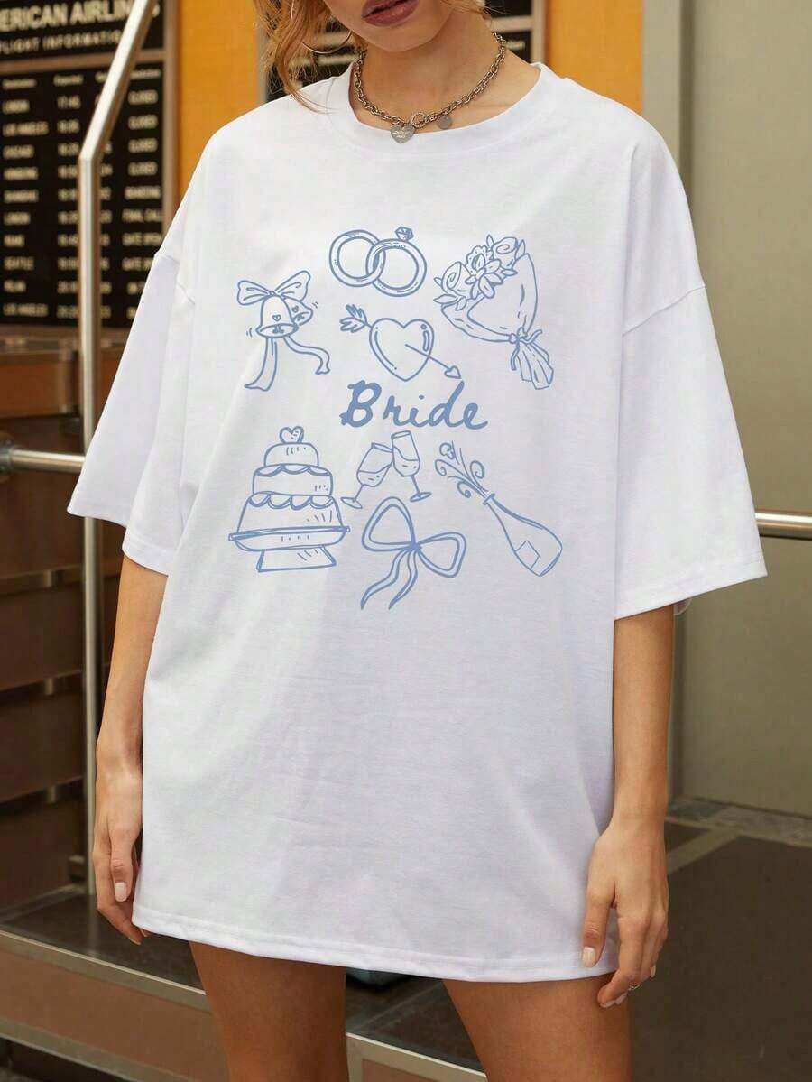 Short-Sleeved T-Shirt With Round Neck And Bridal Text Design, Casual Loose Fit, Bridal Party Gift, Fashionable T-Shirt For Wedding Season, Casual Summer Short-Sleeved T-Shirt, White Color, 100% Cotton. - 白色 - 查看 1