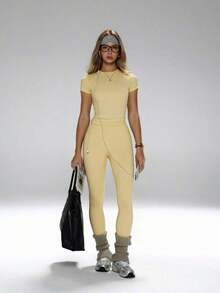 Conjunto de yoga para mujer, pantalones deportivos de cintura alta, conjunto deportivo moldeador de 2 piezas, conjunto de yoga con control de abdomen, camiseta de cuello redondo ajustada emparejada con pantalones de yoga de cintura alta, conjunto esen - Amarillo - Ver 7