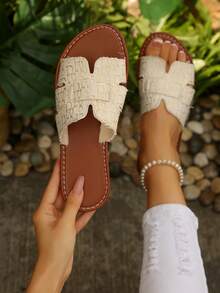 Women's White Jacquard Fabric Flat Slide Sandals, Open Toe Slip-On Casual Slippers, Non-Slip Soft Sole Summer Beach & Daily Wear - Beige - View 3