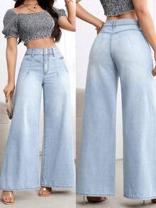 IDYLLIC Pantalones baggy Wide leg jeans mujer Vaqueros pantalón ropa casual lavada con agua cintura alta pantalones vaqueros pantalon de mezclilla dama pantalones cargo de mujer - Azul - Ver 6