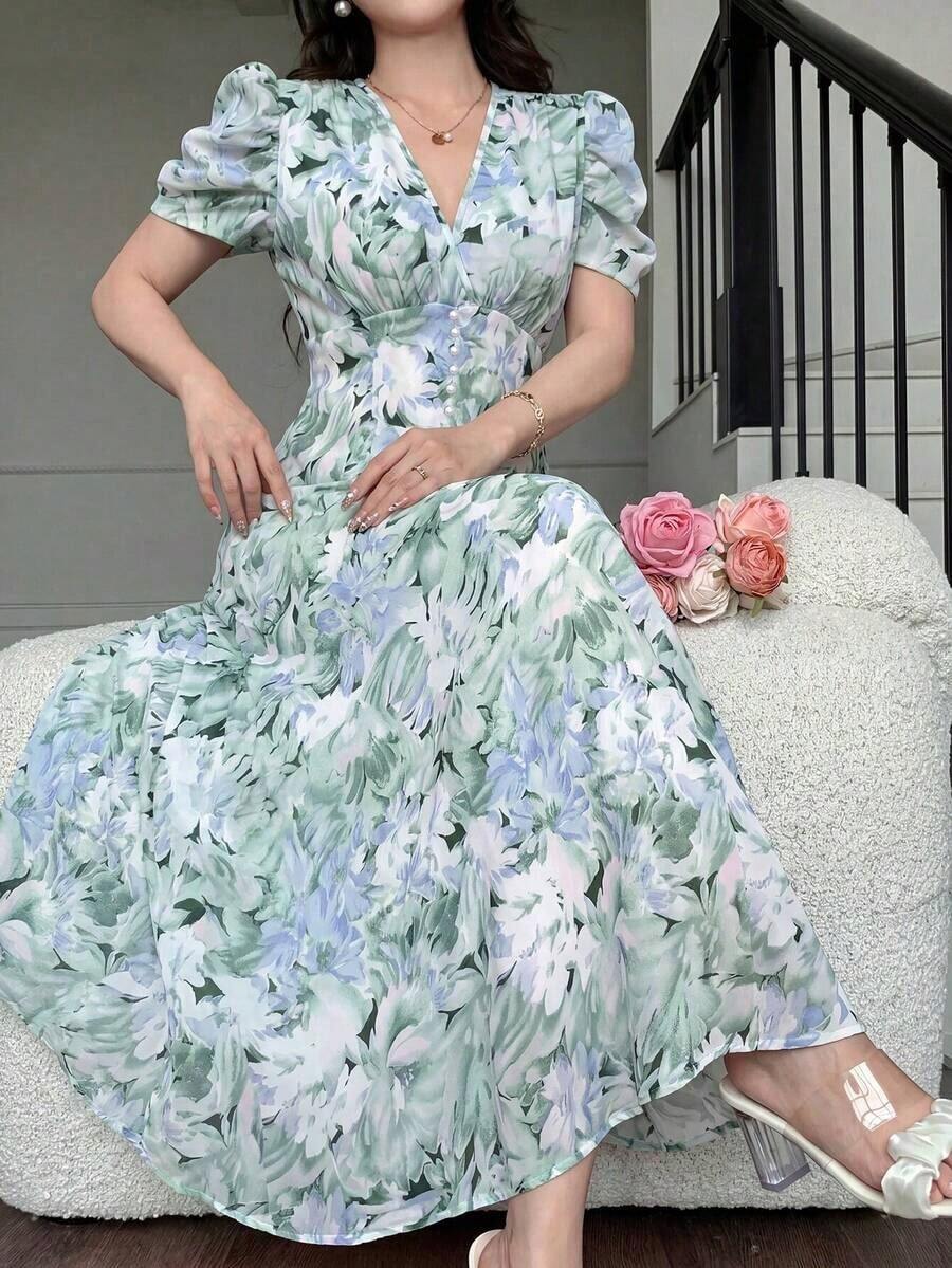 Vestido de mujer de ajuste ceñido con cuello cruzado, botones de perlas y mangas abullonadas - Verde - Ver 1