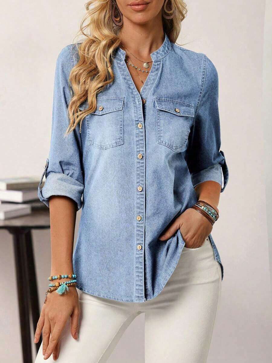 Camisa vaquera casual de mujer con cuello en V, abotonadura sencilla, dobladillo y puños - Lavado ligero - Ver 1