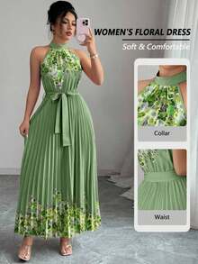 YHHElenzga Vestido holgado de verano elegante con estampado floral y cuello halter para mujerYHH - Verde militar - Ver 12