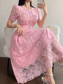 Vestido elegante de encaje de alta calidad con cintura ajustable, bordado, de estilo coreano suave y elegante - Rosa - Ver 8