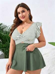 Swim Curve Set de 2 piezas de traje de baño tipo tankini de talla grande para mujer, con unicolor, cintura con lazo, plisado y elegante, que estiliza y es casual para vacaciones de verano - Multicolor - Ver 5