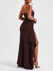 1 pieza Vestido casual de verano elegante negro con diseño de parte superior tipo tubo, espalda abierta, fruncido y abertura frontal, de moda sexy - Cafetería - Ver 1