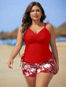Swim Lushoire Traje de baño tipo tankini con estampado, estilo vacacional para tallas grandes - Rojo - Ver 3