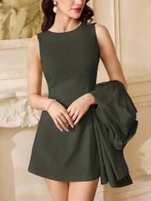 Conjunto de 2 piezas de vestido mini y blazer vintage elegante para mujer, atuendo casual de verano y primavera - Verde militar - Ver 2